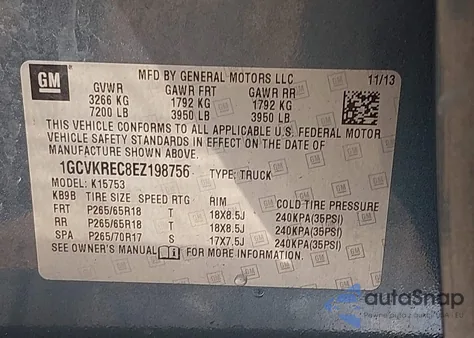 2014 Chevrolet Silverado 1500 2Lt из США, поврежденный, VIN 1GCVKREC8EZ198756